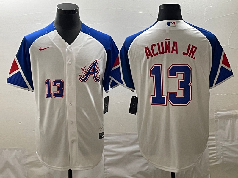 Men's Atlanta Braves #13 Ronald Acuña Jr. White 2023 City Connect Cool Base With Patch Stitched Baseball Jersey